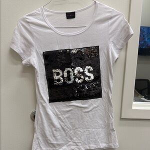 First Love White Tee with Black Sequin 'BOSS' Design